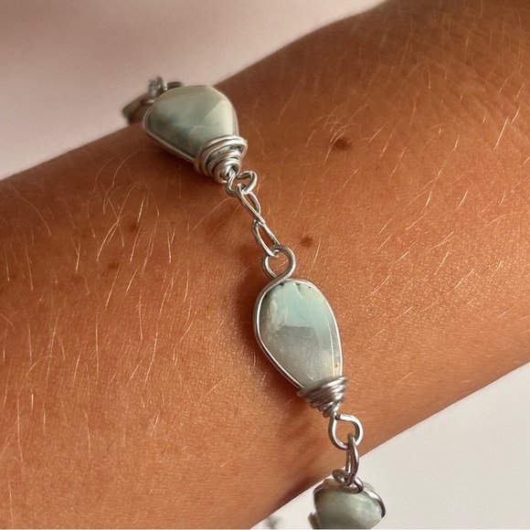 Handmade Larimar Gemstone Bracelet – Boho Silver Wire Wrapped - Picture 3 of 6